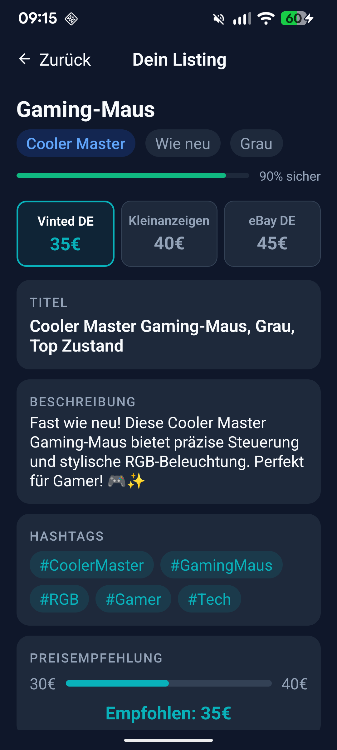 ResellPro: Fertiges Vinted-Inserat mit optimiertem Text und Hashtags