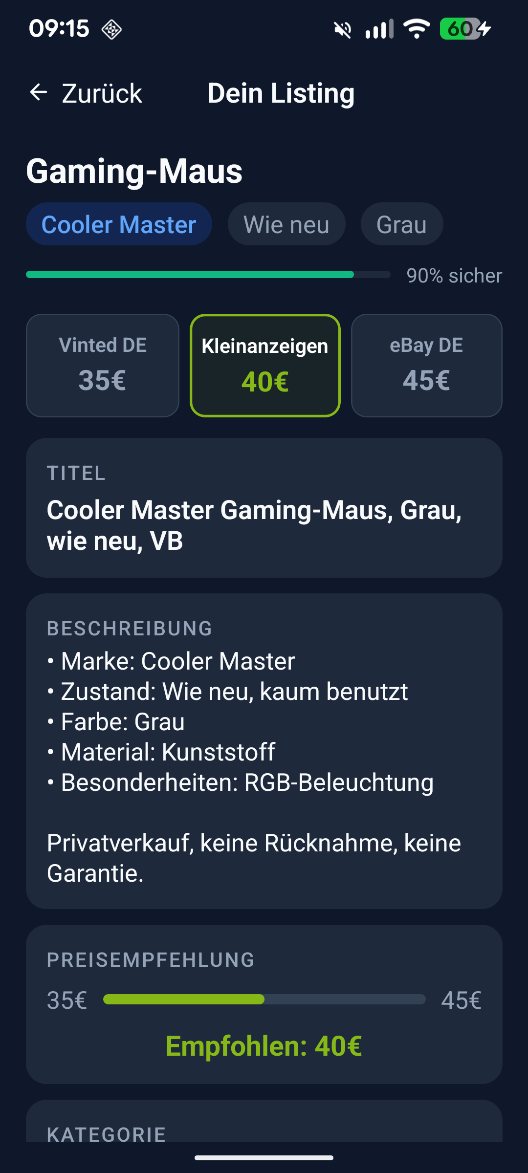 ResellPro: Fertiges Kleinanzeigen-Inserat mit Preisempfehlung
